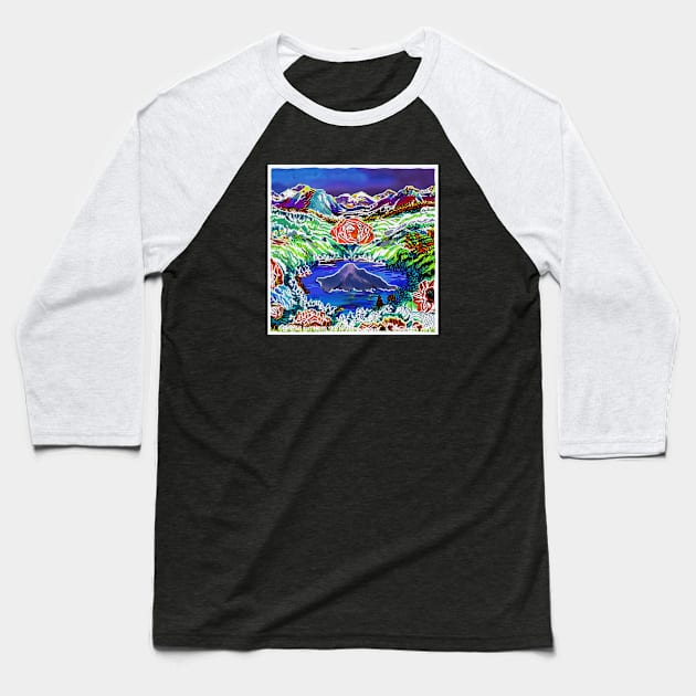 Trippy Mountains and Roses Baseball T-Shirt by Aurora X